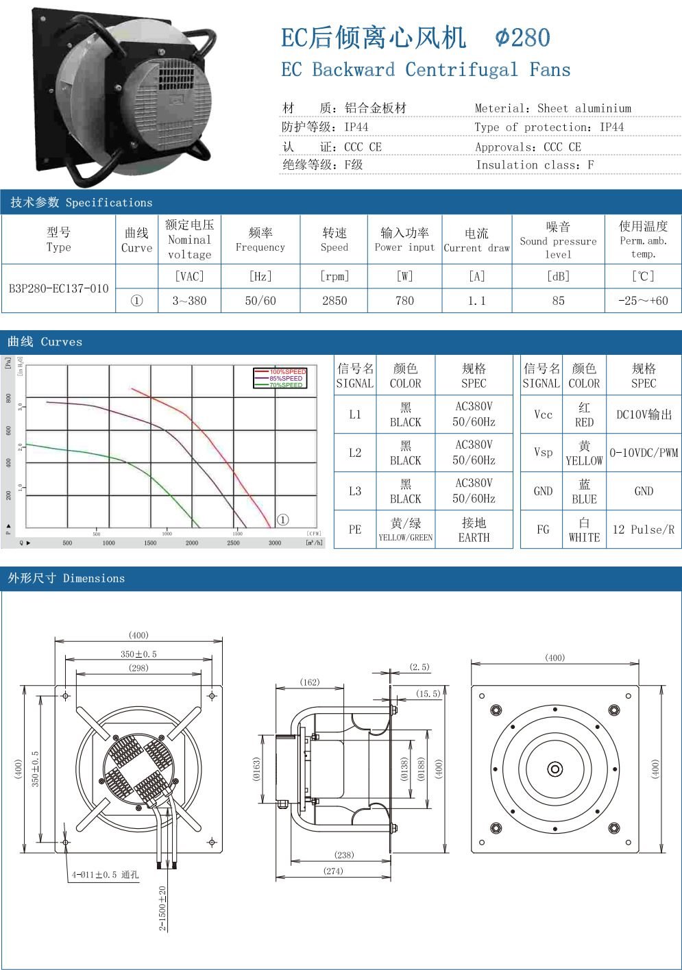 EC Backward Centrifugal Fans ∅280 specification
